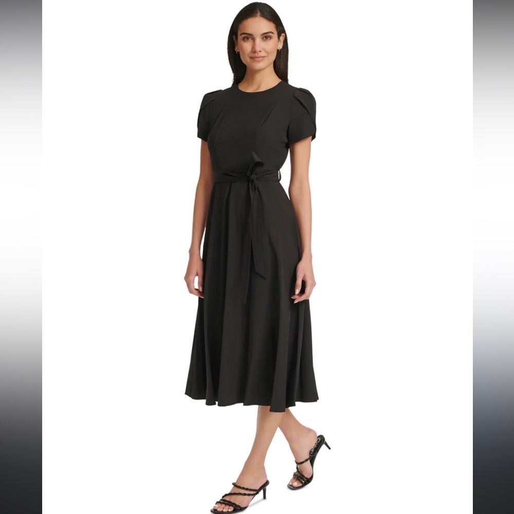 Calvin Klein Tulip Sleeve Fit & Flare Midi Dress Black Women’s 4 Belted Waist
